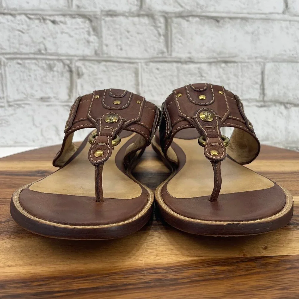 Frye Brown Leather Thong Sandals with Gold Hardware